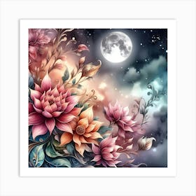 Lotus Flowers In The Night Sky Art Print