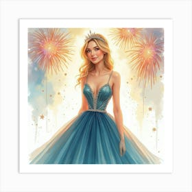 Glamorous Dress Watercolor, Surrounded By Sparkling Fireworks 1 Art Print