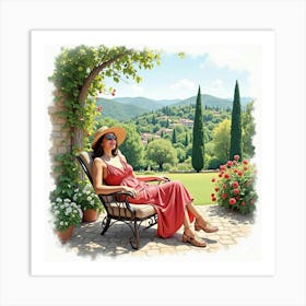 Stylish Italian Woman In Watercolor, Relaxing In A Beautiful Tuscan Garden Art Print