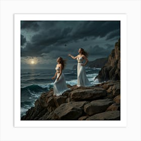 Two Women Standing On The Rocks Art Print