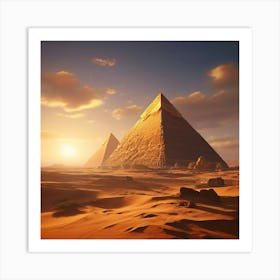 The Pyramids Of Egypt And The Sphinx In The Desert And The Sun Is Yellow Art Print