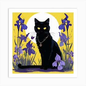 Black Cat With Purple Irises Art Print