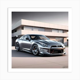 A Highly Detailed Pencil Drawing Of A Sleek, Silver Nissan GTR R35 In Front Of A Contemporary, Modern House 3 Art Print