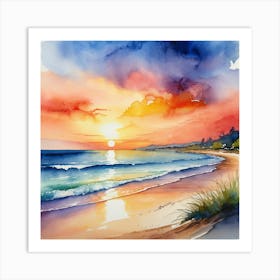 Watercolor Sunset On The Beach Art Print