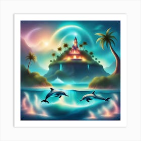 Dolphins In The Sea With A Castle Art Print