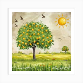 Orange Tree With Fruits In The Middle Of A Field Art Print