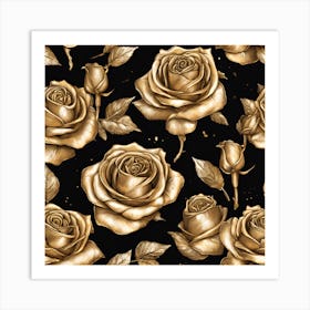 Gold Roses On Black Background Art Print