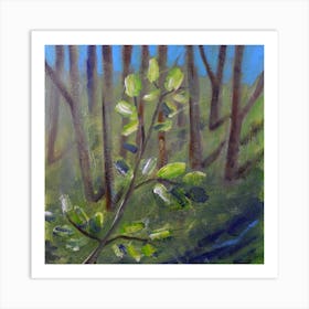 Forest Branch square painting nature leaves wood trees green brown blue hand painted figurative Art Print