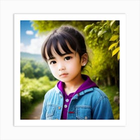 Asian Little Girl In The Forest Art Print