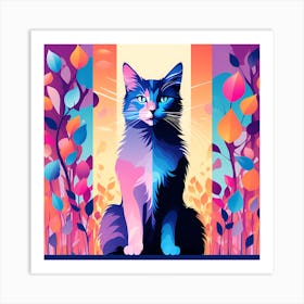 Cat In two shades, Cat In The Forest, purple and blue cat, Art Print