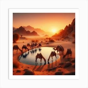 Sunset Camels Oasis Art Print