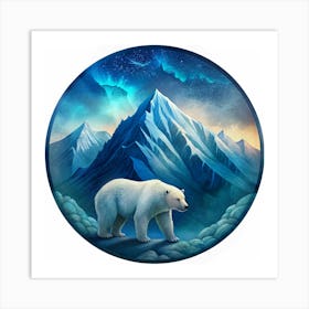 A White Polar Bear Standing On A Mountaintop Against A Starry Sky Art Print