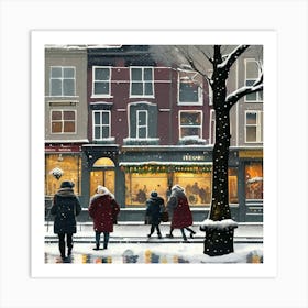 Amsterdam cafes, winter season, Christmas, pale colors, pedestrians in the street, winter clothes, falling snow.6 Art Print