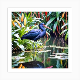 Black Heron In A Pond Art Print