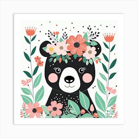 Floral Baby Black Bear Nursery Illustration (14) Art Print