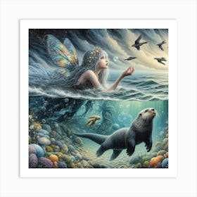 Mermaid with sea otter Art Print