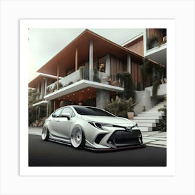 A White Toyota Corolla Gli Twin Cam With Full Body Kit In Front Of Modern Mansion 1 Poster