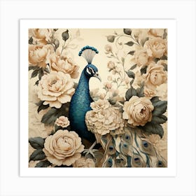 Cream Vintage Floral Peacock Wallpaper Art Print 3 Art Print