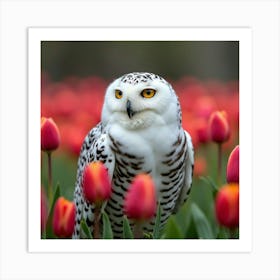 Snowy Owl In A Bed Of Tulips 1 Art Print