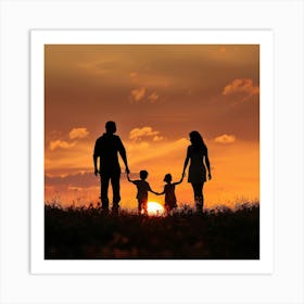 Silhouette Of Family At Sunset Art Print