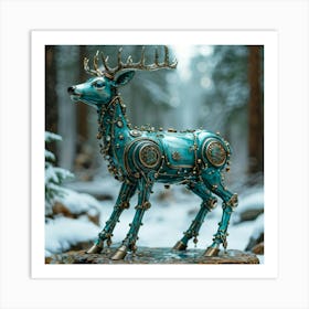 Whimsical Teal Hued Robotic Deer Composed Of Ceramic And Metal With Robot Like Features Frolicking I 2 Art Print