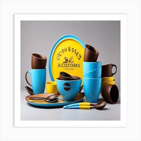 Blue And Brown Tableware Art Print