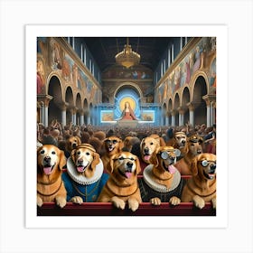 An Unusual Scene Featuring A Bunch Of Golden Retriever Dogs Attending A Rave That Is Themed After The Renaissance Era 1 Art Print