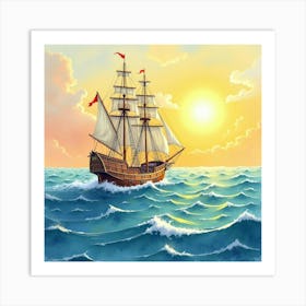 Majestic Ship Navigating Watercolor Sunny Waves 1 Art Print