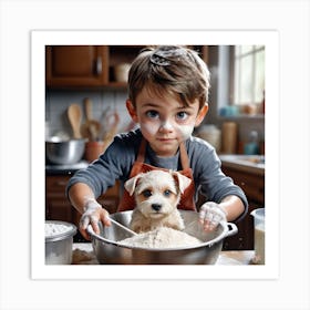 Little Boy Baking With Dog Art Print