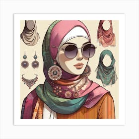 Colorful Hijab: A Digital Art of a Woman with Various Illustrated Accessories Art Print