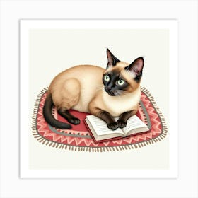 A Burmese Cat Lounging On A Cozy Rug With A Book, Watercolor 1 Art Print