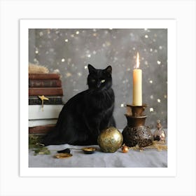 Black Cat With Candles Art Print