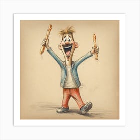 Cartoon Boy With Sticks Art Print