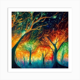 A captivating scene of trees that appear to be alive, with twinkling lights and vibrant 11 Art Print