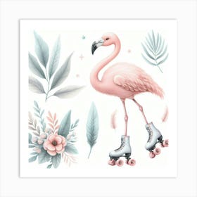 Flamingo on roller skates Art Print