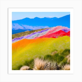 Multi Coloured Mountains Multi Coloured Grasses Stacked Together Blue Skies And Tranquil Nature (1) Art Print