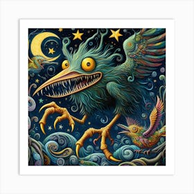 Enchanting Wonderland: Jabberwock's Menace and Whimsical Folk Art - A Van Gogh-Inspired Digital Painting with a Dream-like Twist! Art Print