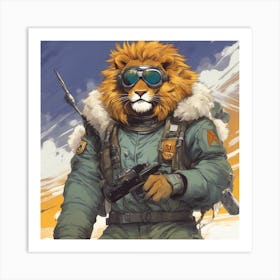 A Badass Anthropomorphic Fighter Pilot Lion, Extremely Low Angle, Atompunk, 50s Fashion Style, Intri (1) Art Print