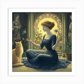 Lady And Her Cat Art Print