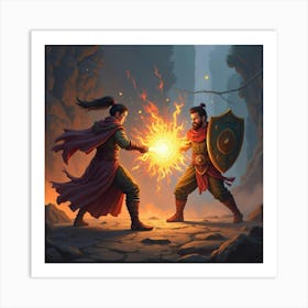 A Glowing Shield Blocking A Fireball In A Magical Duel 1 Art Print