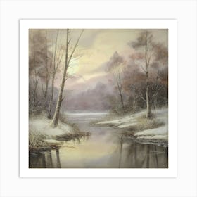 Ancient landscapes, old winter oil paintings and rocks around the lake bank. Snow is falling on the lake, old colors.6 Art Print