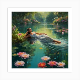 A gracefully floating water nymph, her delicate form surrounded by a tranquil garden of ethereal water blossoms. The petals of these flowers convey a range of emotions, shifting gently with the breeze that ripples through the crystal clear water. The aquatic stems showcase a vibrant array of colors, dazzling the eyes with their beauty. This captivating scene is depicted in a stunningly detailed painting, where every aspect is brought to life with rich and vibrant hues against green surroundings, crossing reality and illusion, highly detailed, cinematic scene, dramatic lighting, ultra realistic 8 Art Print
