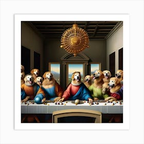 An Unusual Scene Featuring A Bunch Of Golden Retriever Dogs Attending A Rave That Is Themed After The Renaissance Era Art Print