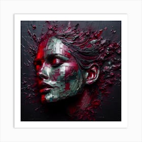 An Abstract Portrait Of A Woman's Face - An Embossed Artwork In Blood Red, And Soft Green Metal. Art Print