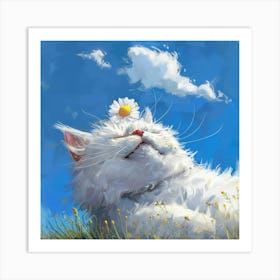 White Cat With Daisy 1 Art Print