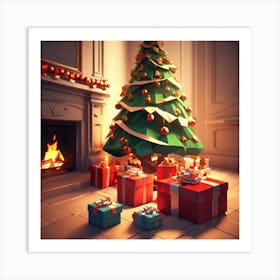 Christmas Presents Under Christmas Tree At Home Next To Fireplace Low Poly Isometric Art 3d Art Art Print