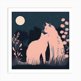 Silhouettes Of Cats In The Garden At Night, Peach And Dark Blue Art Print