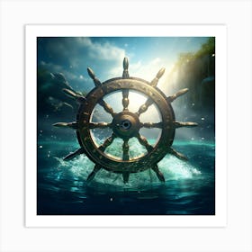 Ship Wheel In The Water. Ship Steering Wheel Sea and Sky Meditation. Art Print