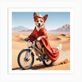 Dog Riding A Bicycle In The Desert Art Print