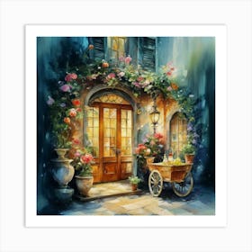 Quiet and attractive dining nook, overgrown flowers, high quality, detailed, highly 3D, elegant carved cart, 11 Art Print